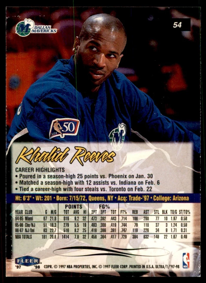 1997-98 Fleer Ultra Khalid Reeves Basketball Cards #54 - Image 2 of 2