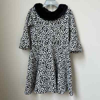 Janie and Jack Girls Size 6 Black White Jacquard Floral Dress Faux Fur |  eBay