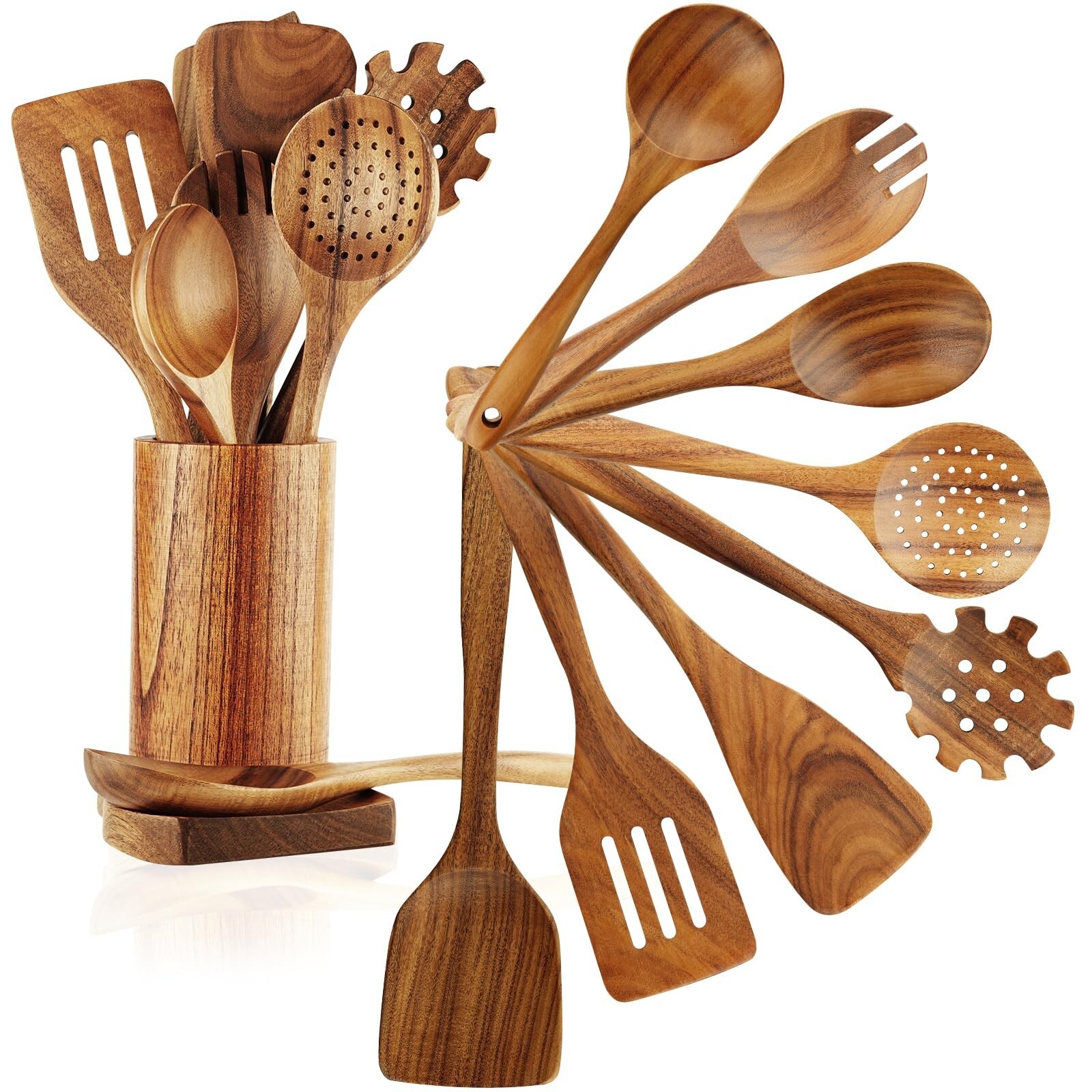 FJNATINH Wooden Spoons for Cooking, 10 Pcs Teak Wooden Cooking Utensil Set wi...