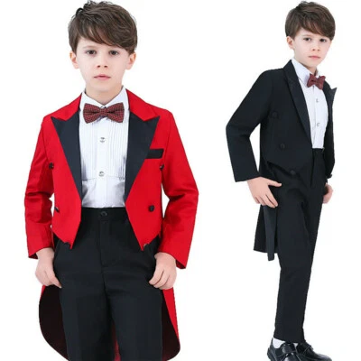 Kinder Jungen Tuxedo Anzug Festlich Hochzeit 4-Teilig Set Rot Schwarz Polyester - Bild 1 von 4