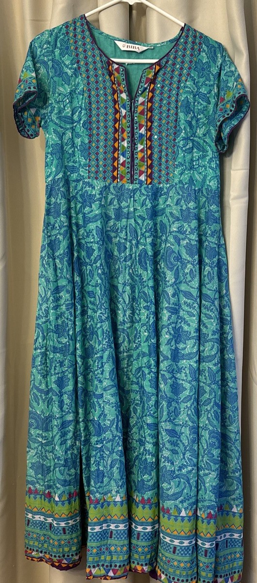 BIBA Floral Midi Maxi Dress Size 36/ TEAL Colorful Cotton dress and scarf |  eBay