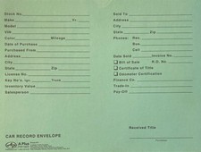 Vehicle Deal Jacket 19 Car Record Envelope 500 Qty