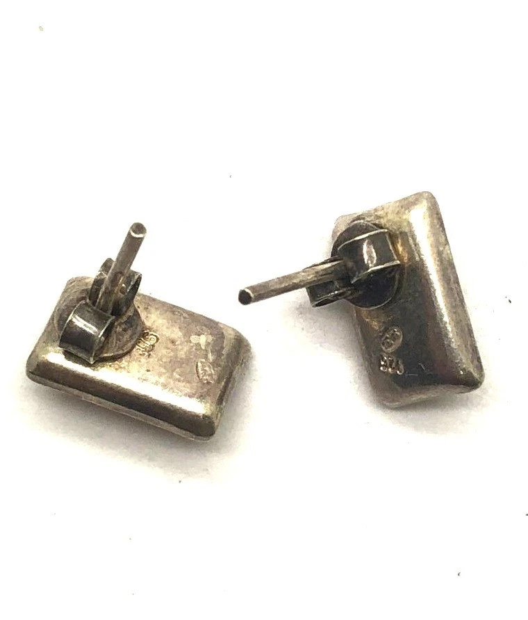 Sterling Silver Vintage Oxidized Rectangle Cabochon Baltic Amber Stud Earrings - Image 3 of 3