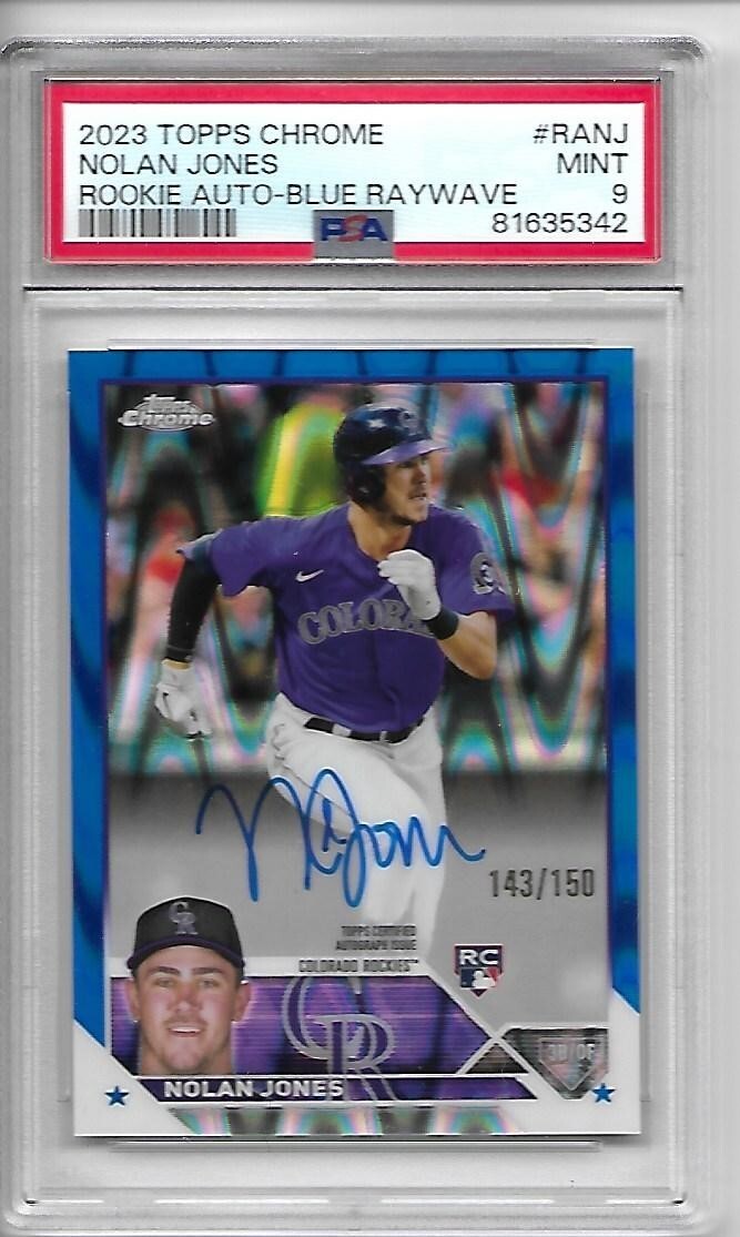 2023 Topps Chrome Nolan Jones Rookie RC Blue Raywave Auto /150 PSA 9 Mint Pop 2