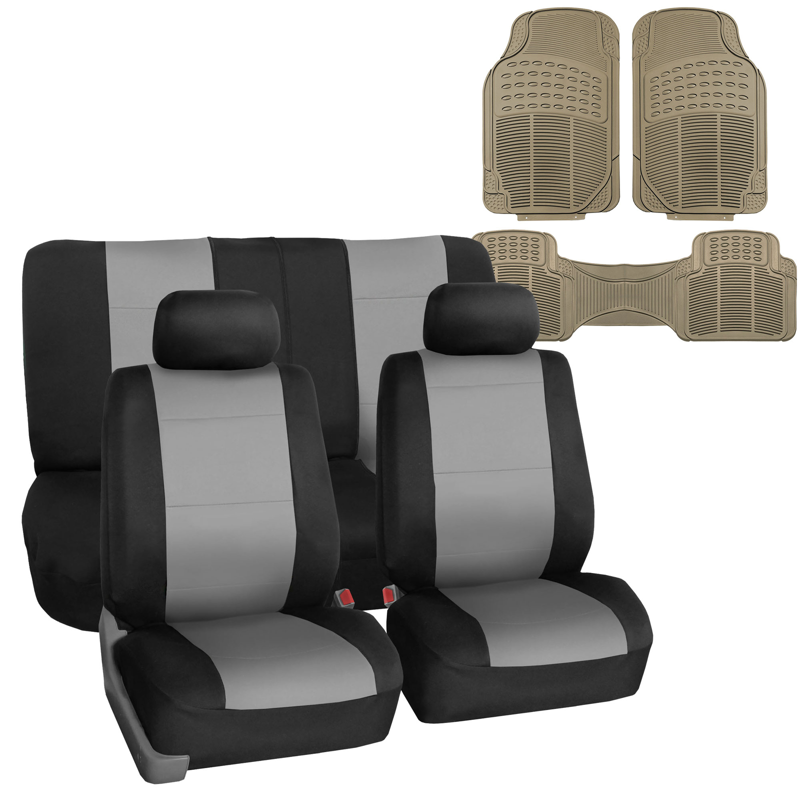 Neoprene Car Seat Cover Gray Black Combo w/ Beige Floor Mats for Auto