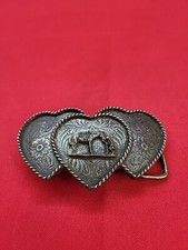 VTG Montana Silversmiths Triple Heart Horse Belt Buckle Silver Plated Sterling