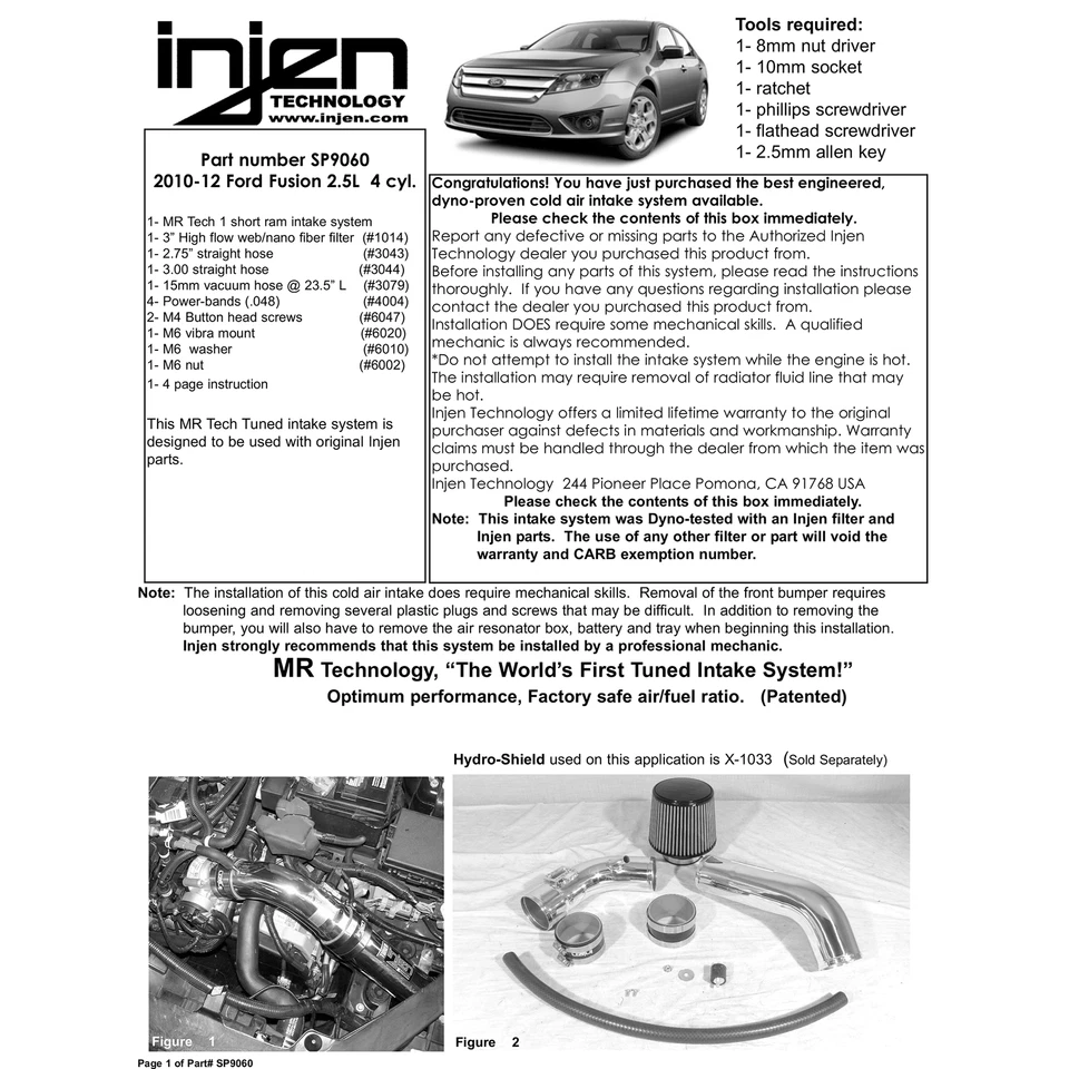 Sistema de admisión de aire frío de aluminio negro Injen SP9060BLK para Ford Fusion 10-12 2,5 L Foto 4 de 4