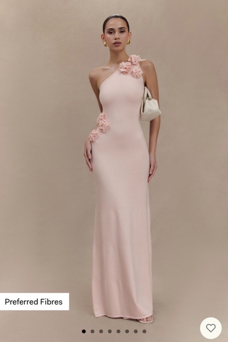 Paloma One Shoulder Knit Maxi Dress With Flowers - Baby Pink   Small NWT Meshki