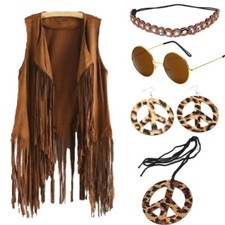 Hippie-Boho Flared Top Fringe-Vest Tassel Peace Sign Accessory Set Sunglass