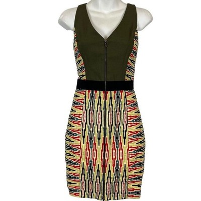 Rachel Roy Womens Olive Sheath V-Neck Front Zip Cotton Aztec Print Dress sz 2