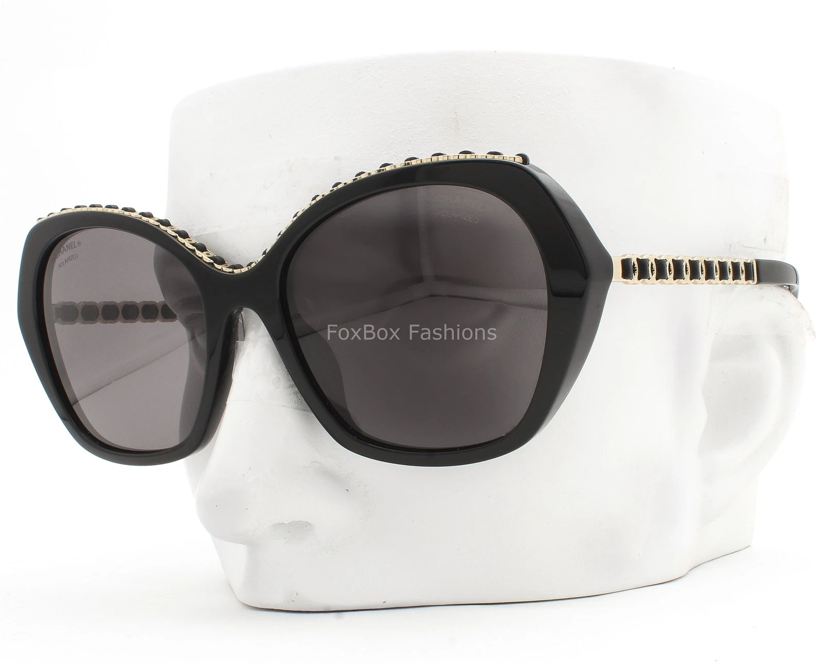 Chanel Sunglasses Black Gold CC Logo Chain Trim Polarized ch5547QA 622/T8 w/case