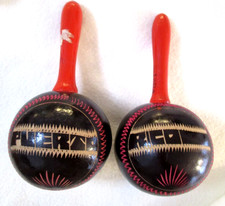 Pair Vintage LARGE Hand Carved Painted Maracas Puerto Rico Black  Wood EUC '70s