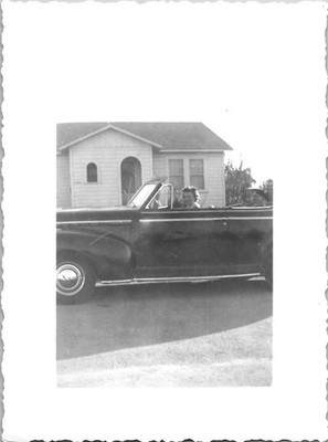 Woman Driving Classic Car Convertible Top Down Happy 1940s B&W VTG Vintage Photo