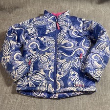 L.L. LL Bean Down Jacket Girls M 10-12 Blue Paisley DownTek Fleece Lined Puffer