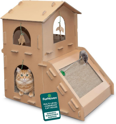 Townhouse Multi-Level Cardboard Cat House for Indoor Cats with Catnip & Toys, Do