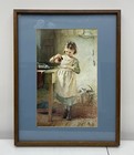 Emily Farmer Print Feeding Kitten 1883 Framed Vintage Cottage Art