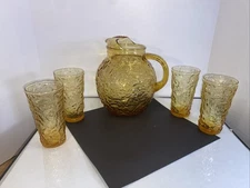 Vtg Amber Crinkle Glass Ball Pitcher and 4 Glasses Anchor Hocking