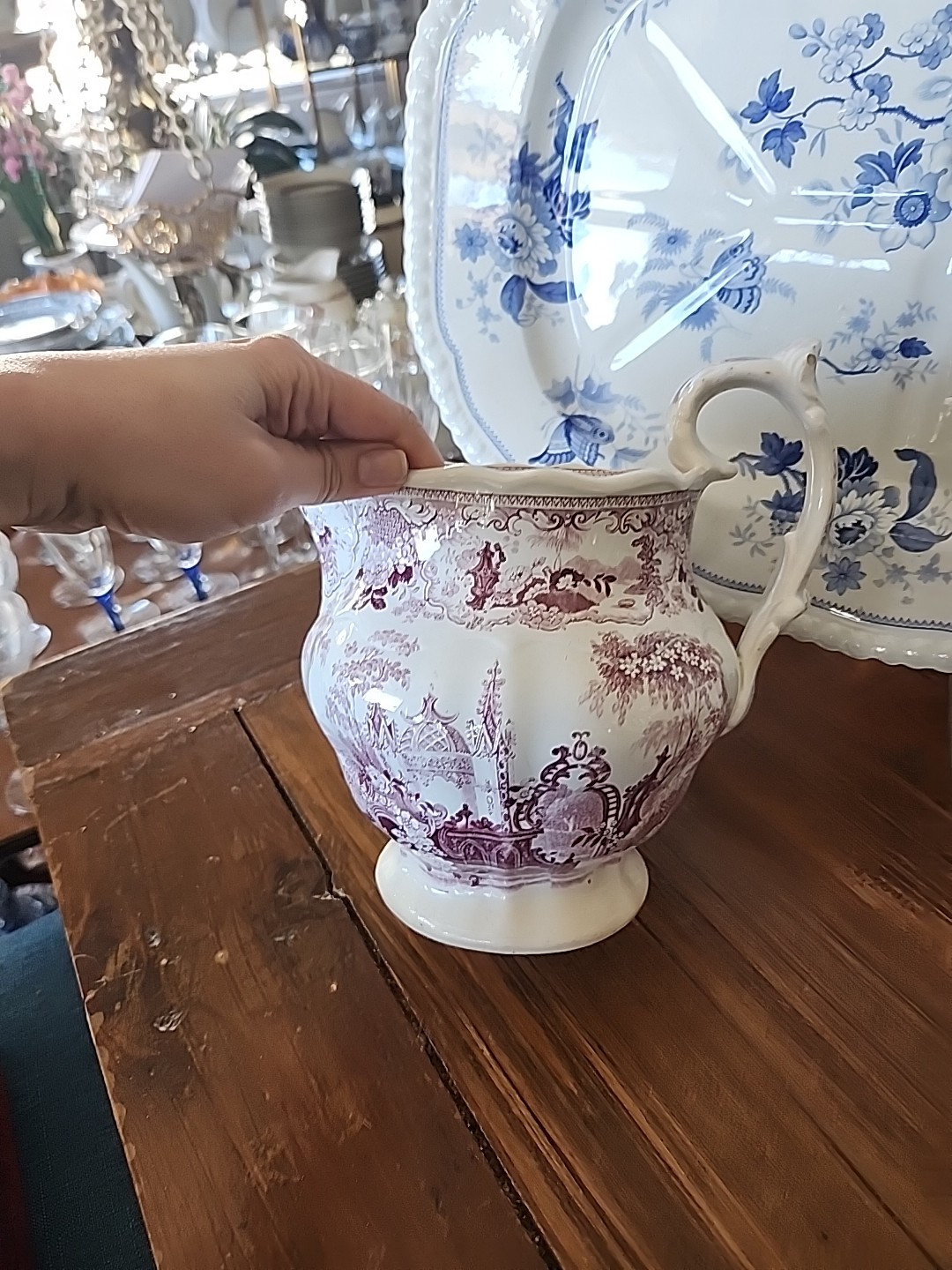 Rare Antique 9.1/4" Purple Transferware Staffordshire Water Pitcher