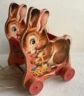 Vintage Early Fisher Price Brown Easter Bunny Eggs Basket Pull Toy Wheels 52
