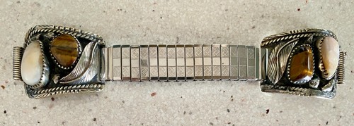 Vintage Silver Tiger Eye MOP Stones Tips Nava Twist Hong Kong Stretch Watch Band