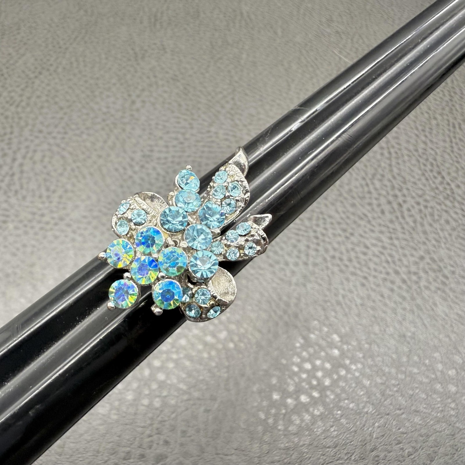 Statement Cocktail Ring Large Blue Rhinestone Sil… - image 6