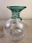 Blenko Handmade Crackle Glass Vase Crystal Teal Applied Swirl 6” Tall With Label