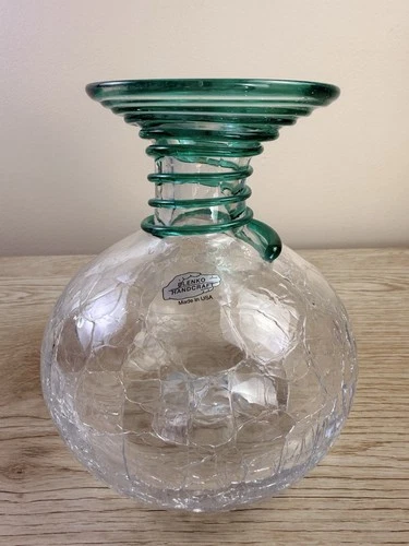 Blenko Handmade Crackle Glass Vase Crystal Teal Applied Swirl 6” Tall With Label