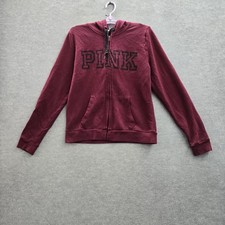 PINK Victoria's Secret Women Hoodie L Burgundy Fleece Logo Activewear Zipper
