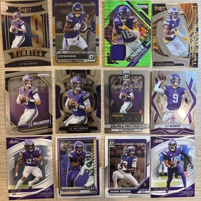 25 Minnesota Vikings Cards Lot - JJ McCarthy, Justin Jefferson Relic, Addison