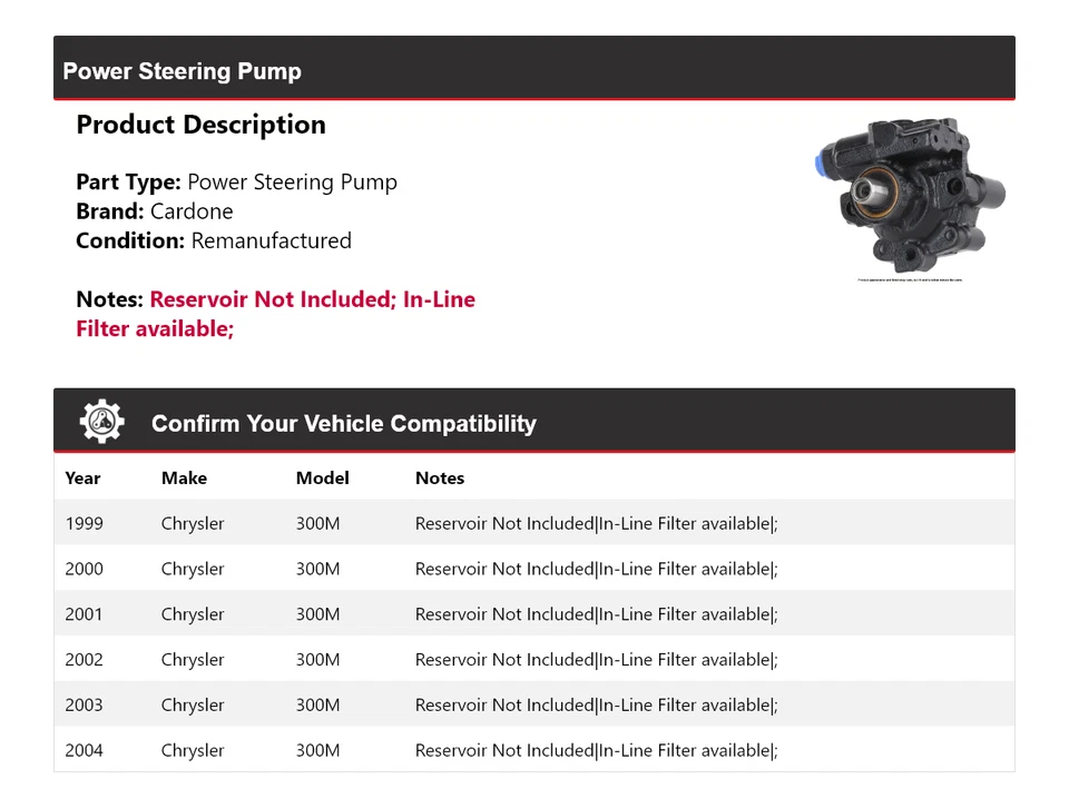 Bomba de dirección asistida Cardone 2000 2001 2002 2003 para Chrysler 300M 1999-2004 Foto 2 de 4