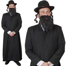 HERREN RABBINER KOSTÜM LANGER MANTEL HUT MIT KOTELETTEN BART JÜDISCH KOSTÜM OUTFIT