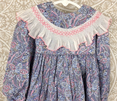 Vintage Blue and Pink Paisley Bib Collar Easter Sunday Dress Little Star Girls 4 - Picture 5 of 9