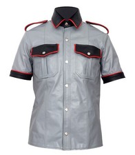 Men's Real Leather Police Uniform Shirt Short Sleeves Gay BLUF All Size