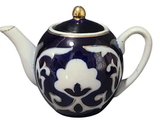 Vintage Pakhta Cobalt Blue & White Gilded Imperial Porcelain Russian Tea Pot