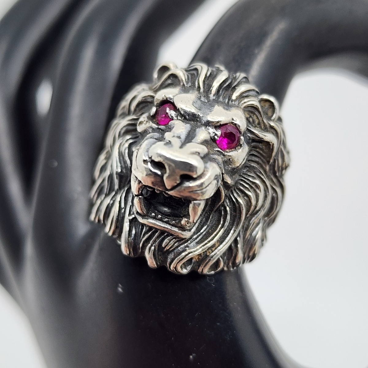 Silver Lion Ring With Red Eyes Sterling Silver Lion Head Ring With