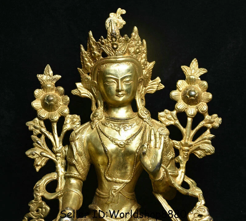 15.2" Antiguo Budismo Tíbet Cobre Dorado 7 Ojos Blanco Tara Diosa Loto Escultura Foto 2 de 4