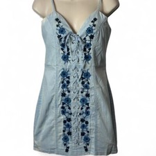 Blue Floral Embroidered Lace Up Mini Dress, Women’s Size M