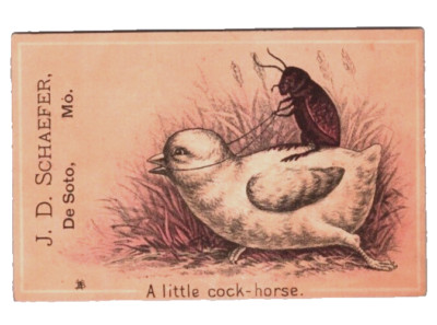 Victorian Trade Card J D Schaefer Hardware De Soto MO Cockroach on Chicken Horse