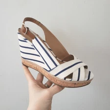 Coach And Four Striped Wedge Slingback Heels White Blue 9