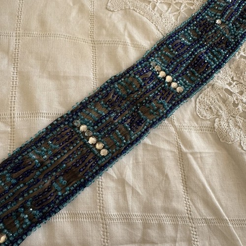 Antique 1920s Silver Lamé Blue Beaded Dress Belt Sash Rhinestones Vintage Trim - Picture 10 of 13