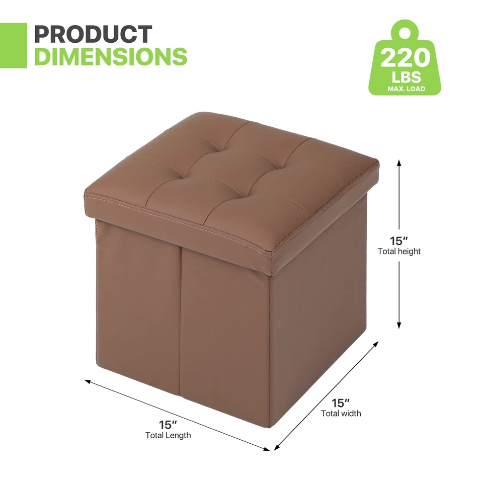 Brown Faux Leather Classic Cube Storage Ottoman Home Living Room Bench Footstool - Image 3 of 4