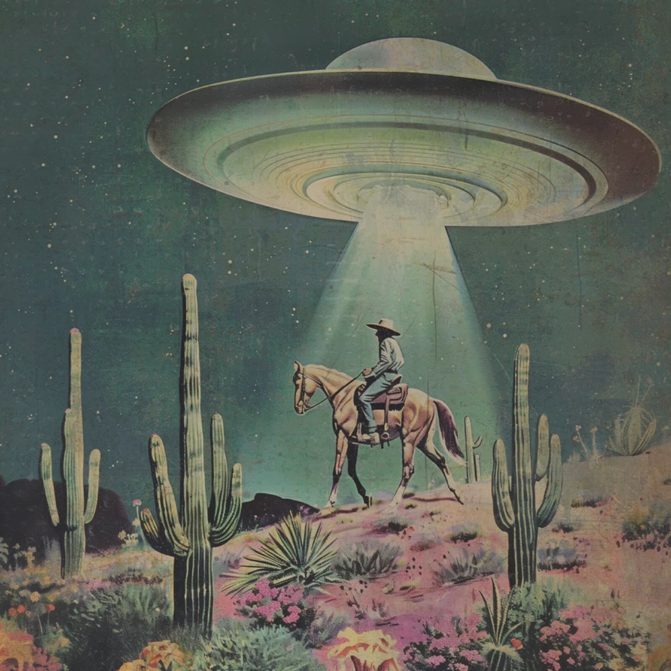 Arte de pared vintage OVNI COWBOY, decoración occidental alienígena de ciencia ficción, impresión de flores de cactus UAP Foto 2 de 4
