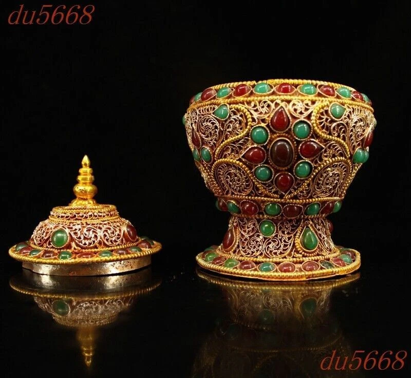 Frasco de relíquia de filigrana de prata 4,8" China com incrustação de pedras preciosas tanques pote de crock - Imagem 3 de 4