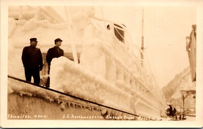 Postcard AK RPPC Ship S.S Northwestern Alaskan Coast After Storm Crew Ice C6
