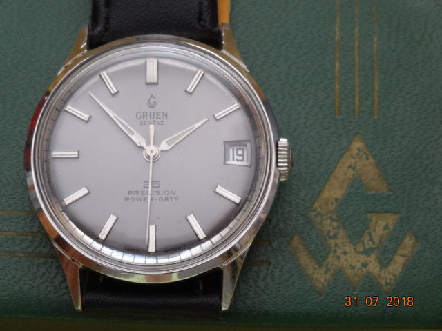 1965 GRUEN GENEVE PRECISION POWER-DATE 34mm 711CA 25J ORGNL BOX 