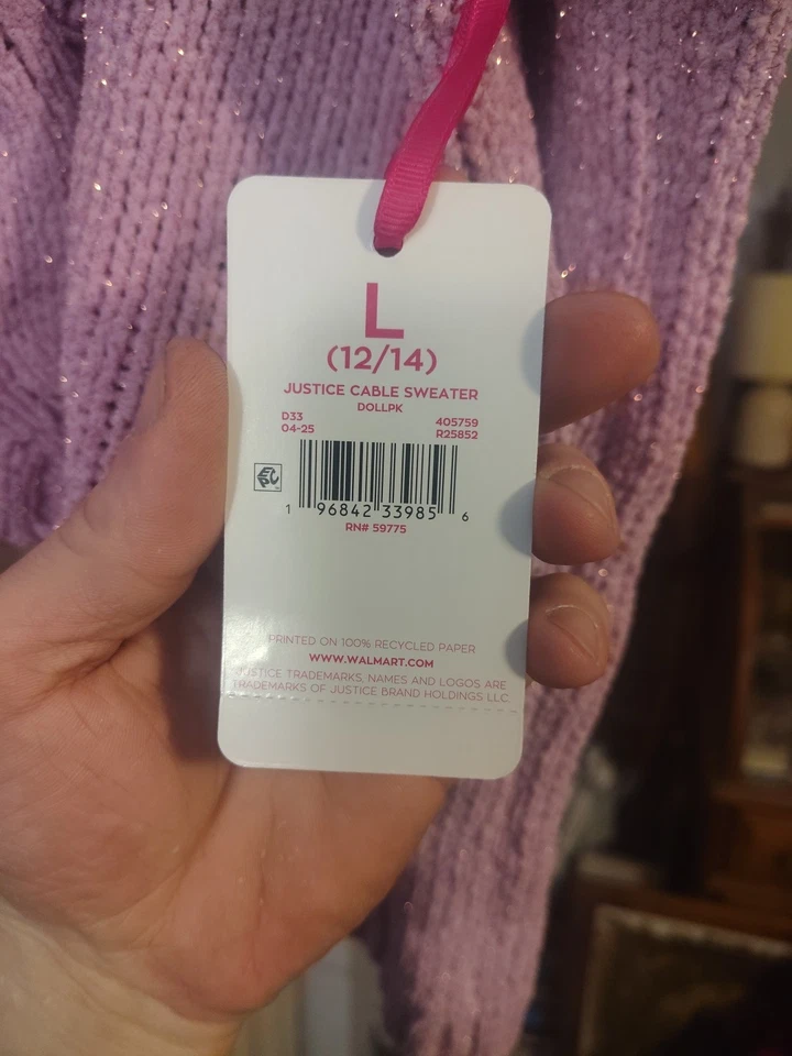 Justice Youth Girls Size Large (12/14) Light Pink Shimmer Cable Knit Sweater New - Image 3 of 4