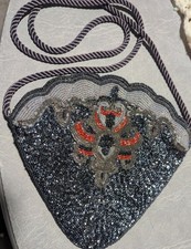 Vintage Beaded Evening Bag W Gray Cord Sparkles