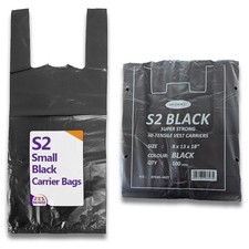 Small Black Plastic Carrier Bags x 100 - Heavy Duty Doggy Nappy Bags Tie Handles