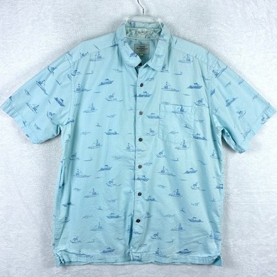 QuikSilver Waterman Camp Shirt Mens L Blue Ripstop Fishing Boat AOP Hawaiian