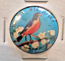 Vintage Happy Birthday Robin Bird Pin Button Abingdon Made in USA-1960s-1 INCH